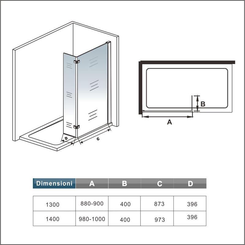 Ocean Doccia Walk In Parete Fisse 200cm più paretina girevole da 40cm Vetro Temperato Trasparente Anticalcare 8mm con Barra Stabilizzatrice 45cm