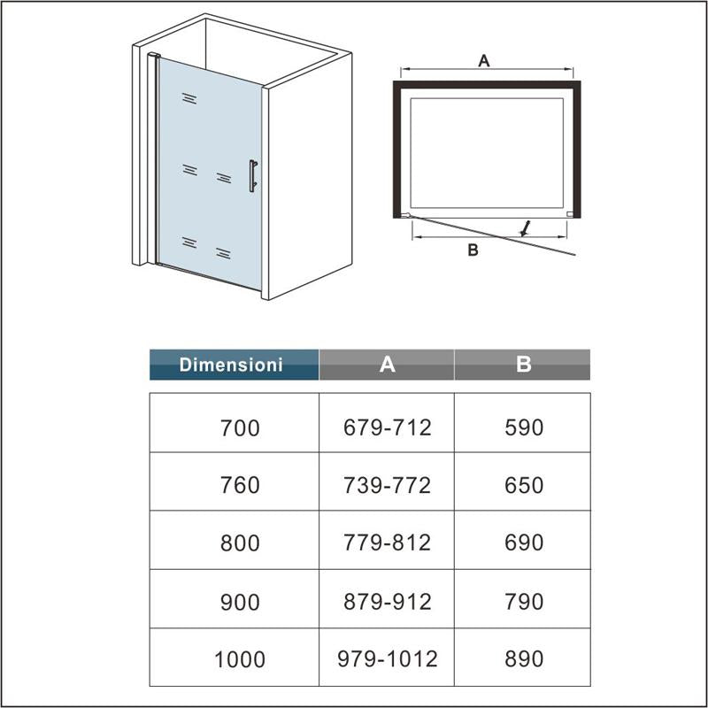 Ocean Box Doccia Per Nicchia 187cm Porta Battente verso l’esterno in Vetro 6 mm Temperato Trasparente Anticalcare Dimesioni multiple