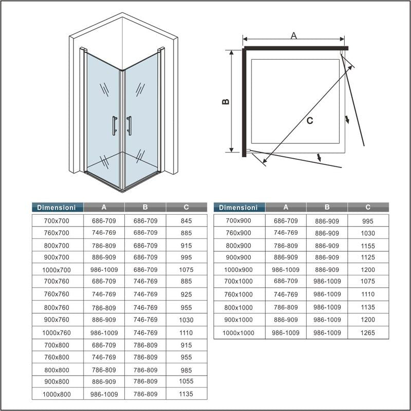 Ocean Box Doccia Angolare Due Porte a Battente alte 187/197 cm Rotazione di 180 Gradi Vetro Temperato Anticalcare 6 mm Varie Dimensioni