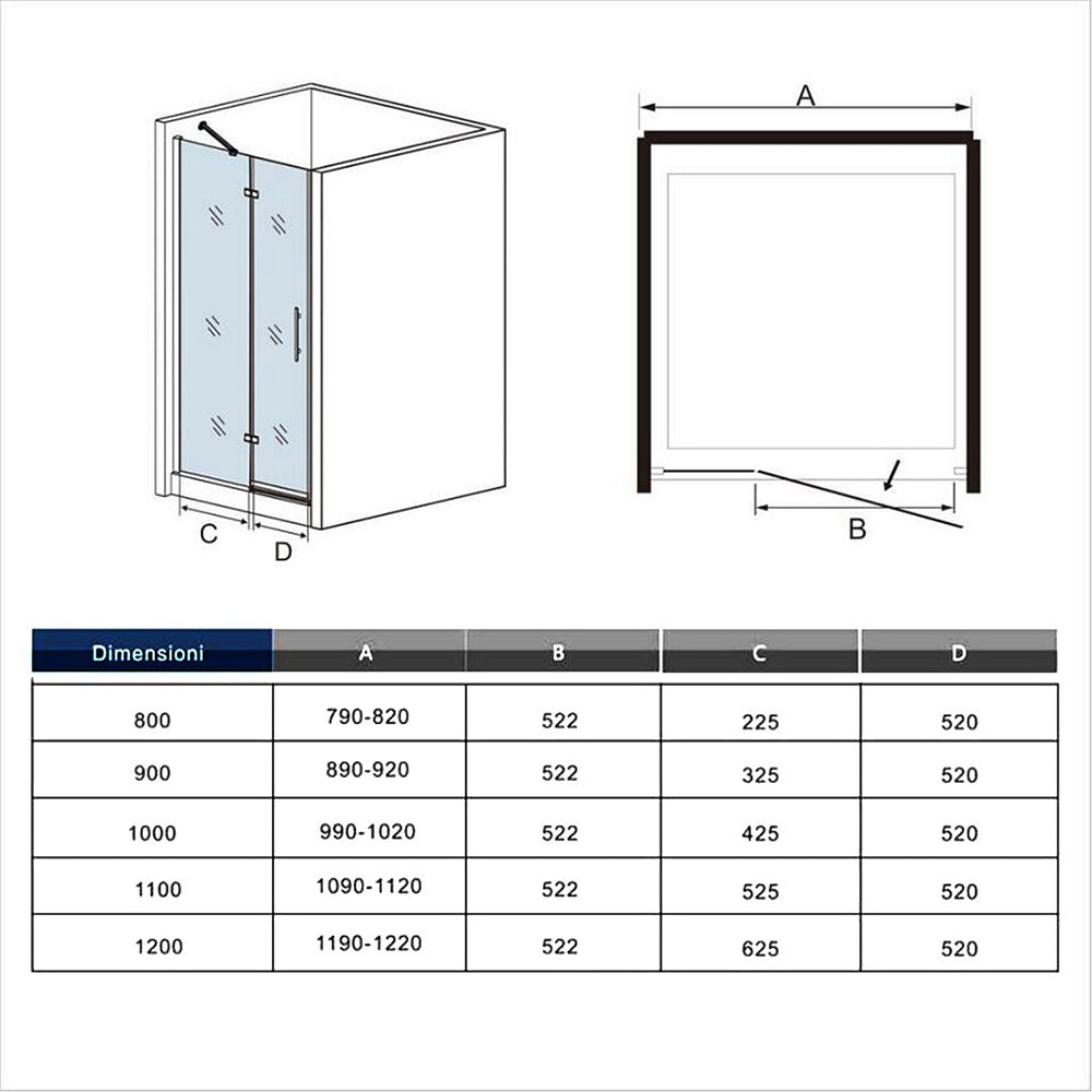 Box Doccia Per Nicchia Porta Battente in Vetro Temperato Trasparente Anticalcare da 6 mm Anta Fissa Barra Stabilizzatrice