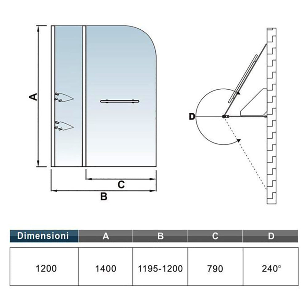 Ocean Parete Vasca Sopravasca 120x140cm Girevole 240 Gradi Vetro Temperato Trasparente 6mm Due Mesole Maniglia Portasciugamani