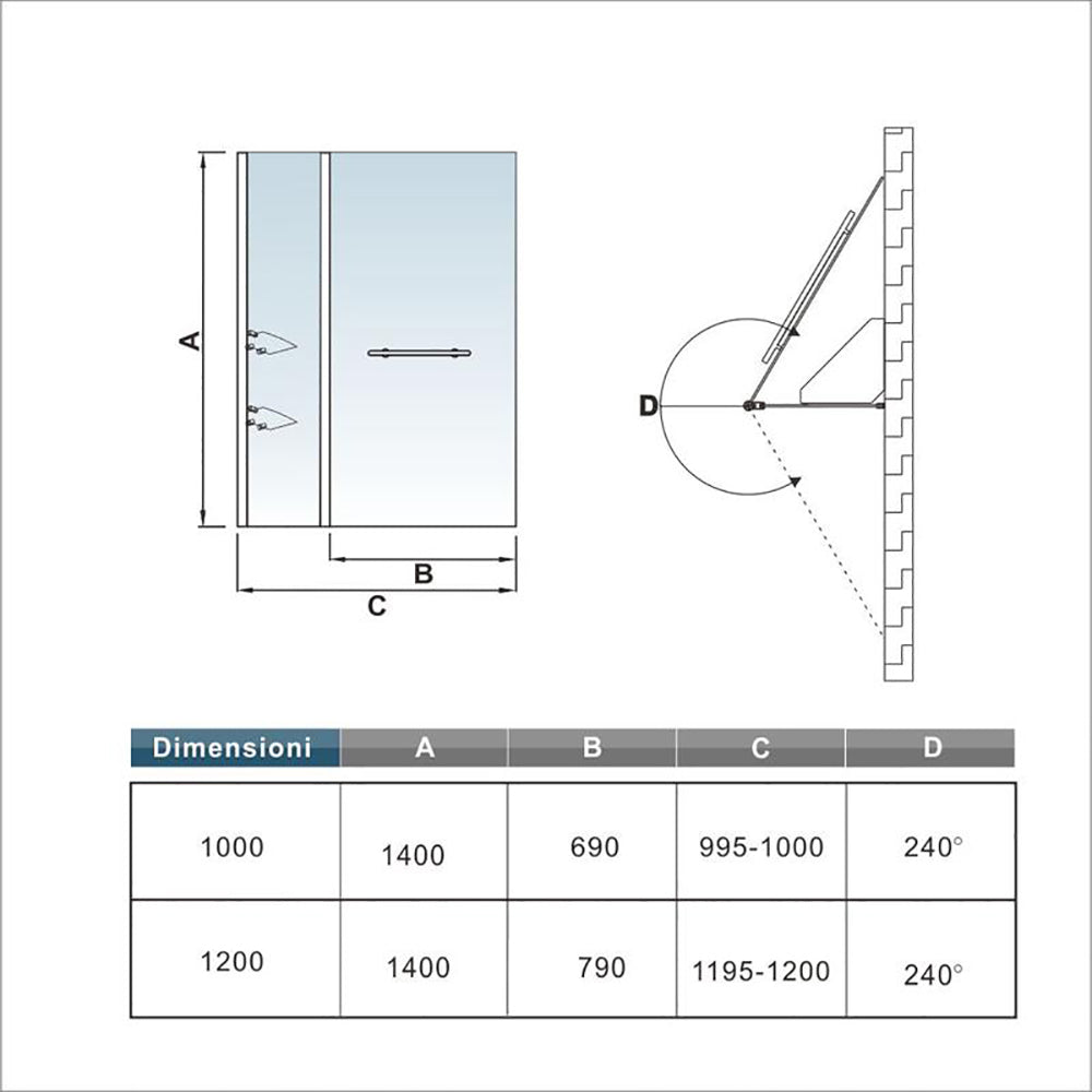 Ocean Parete Vasca Doccia Sopravasca da Bagno Girevole 240 Gradi Alta 140cm Vetro Temperato Trasparente 6mm Due Mesole Maniglia Portasciugamani