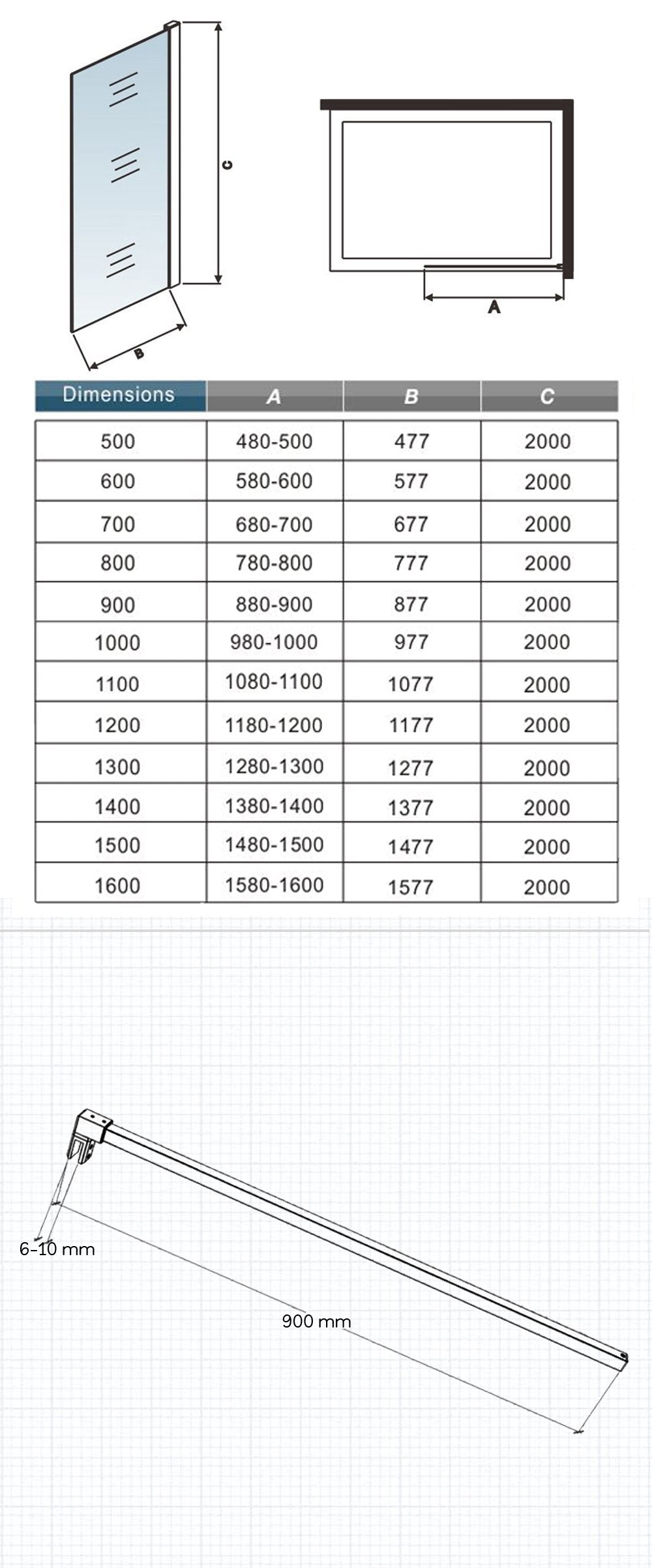 Ocean Walk In H.200cm Vetro Temperato Trasparente Anticalcare 8mm Barra Stabilizzatrice tagliabile da 90cm Varie Finiture