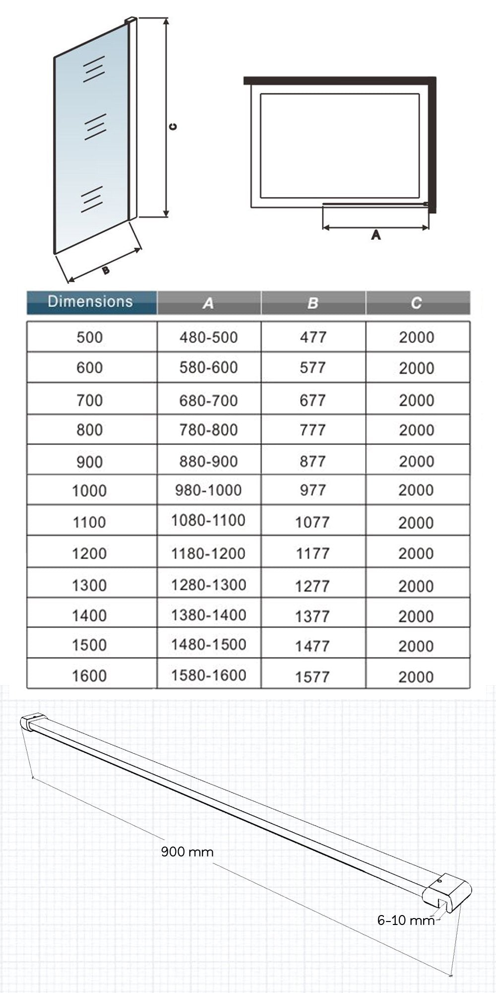 Ocean Walk In 50-140cm Vetro Temperato Trasparente Anticalcare 8mm Barra Stabilizzatrice 90cm e telaio finitura cromato lucido Varie Dimensioni