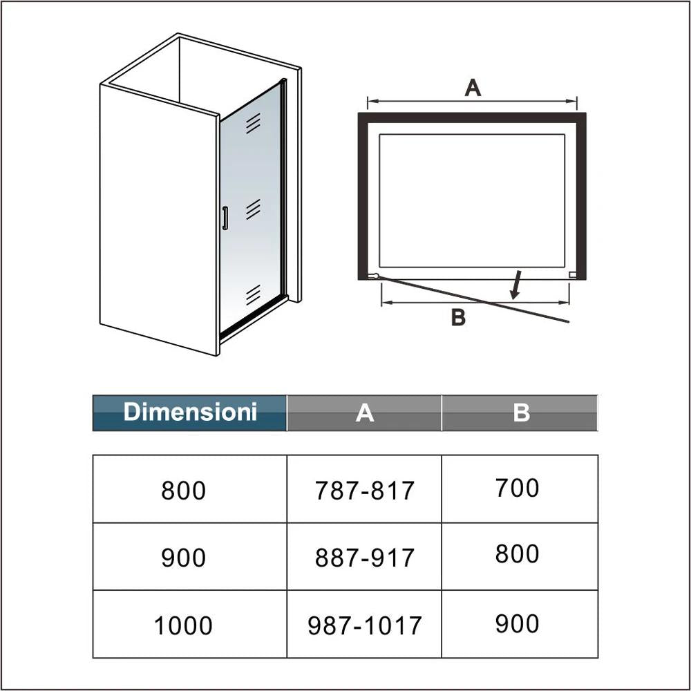 Ocean Porta Doccia Battente 200 cm Per Nicchia Vetro Temperato 8mm Anticalcare Telai Nero Opaco Doccia a Filo Pavimento