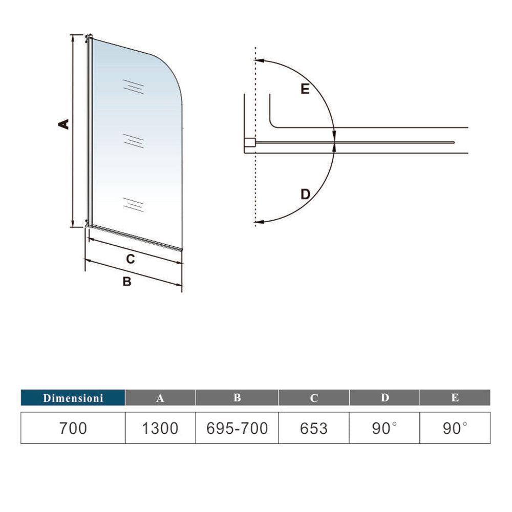 Ocean Parete Per Vasca 70x130cm Girevole 180 Gradi Vetro Temperato 5mm Maniglia Portasciugamani Telaio Cromo Lucido