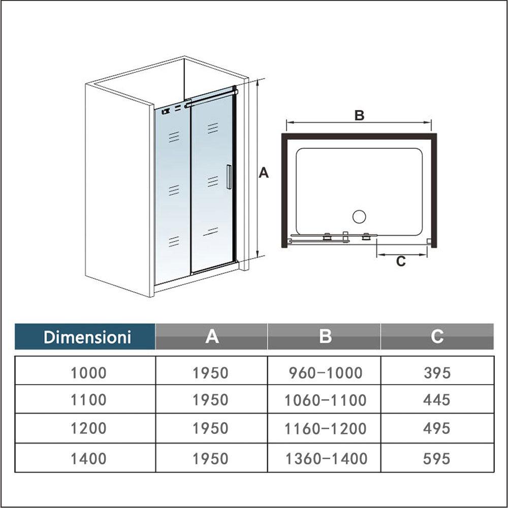 Ocean Porta Doccia 195cm Per Nicchia Scorrevole Vetro 8mm Temperato Trasparente Anticalcare Telai In Alluminio cromato lucido Dimensioni Multiple