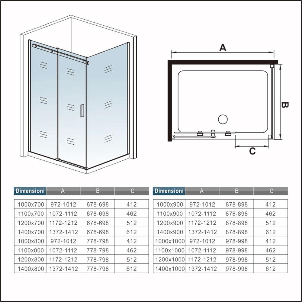 Ocean Box Doccia Angolare 195cm Porta Scorrevole Vetro Temperato Trasparente 8mm Anticalcare Telai In Alluminio cromato lucido Varie Dimensioni