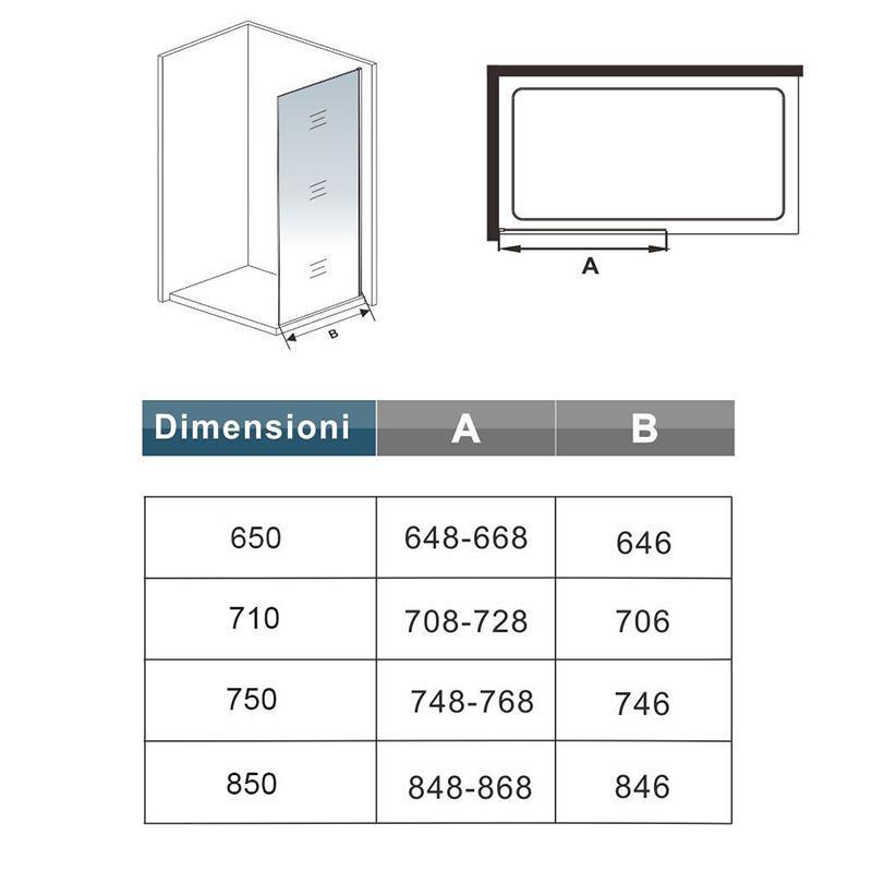 Ocean Walk In Doccia 185 / 195 cm Parete Fissa in Vetro Trasparente da 6 mm Trasparente Anticalcare Barra Stabilizzatrice da 90 cm Snodabile