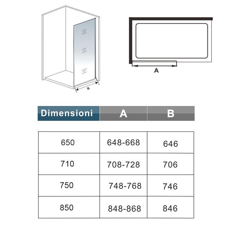 Ocean Walk In Doccia 185 / 195 cm Parete Fissa in Vetro Trasparente da 6 mm Trasparente Anticalcare Barra Stabilizzatrice da 90 cm