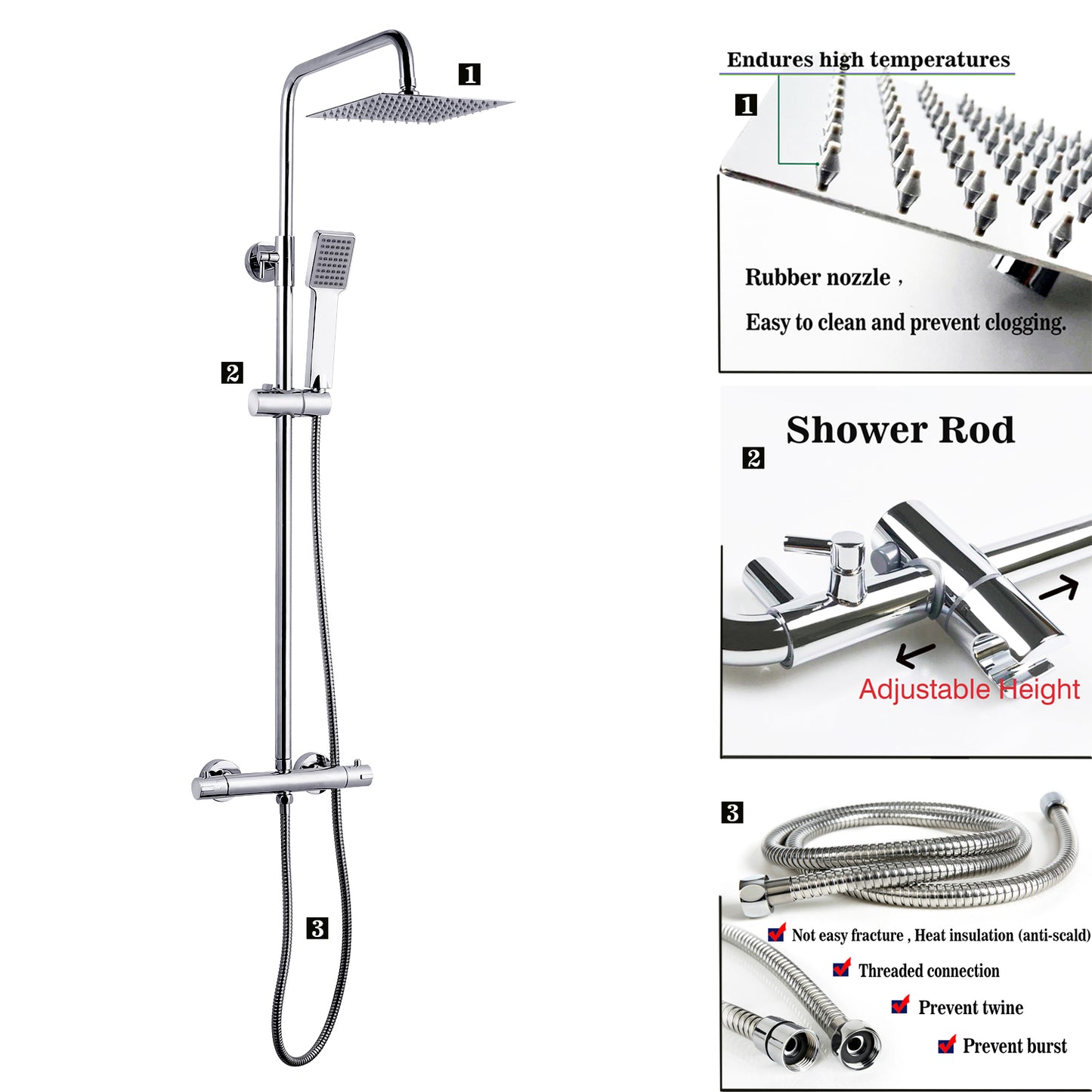 OCEAN ITALY Doccia Soffione in Acciaio Inox con Miscelatore Termostatico, Colonna Doccia con Rubinetto in Ottone e Tubo Flessibile, Saliscendi Doccia Regolabile