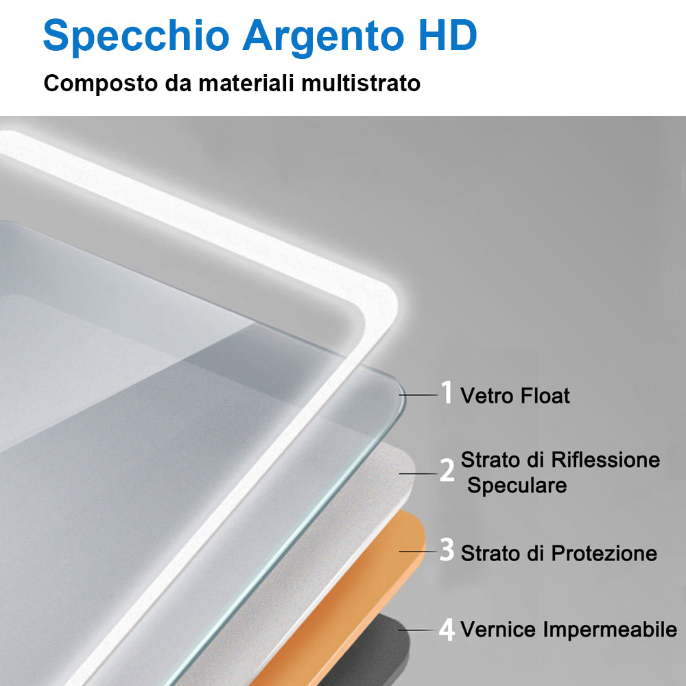 Ocean 80×60 cm / 90×65 cm Specchio Cosmetico Quadrato con Specchio da Bagno a LED, Interruttore Touch, Anti-appannamento, Tecnologia a Prova di Umidità IP44