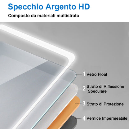 Ocean 80×60 cm / 90×65 cm Specchio Cosmetico Quadrato con Specchio da Bagno a LED, Interruttore Touch, Anti-appannamento, Tecnologia a Prova di Umidità IP44