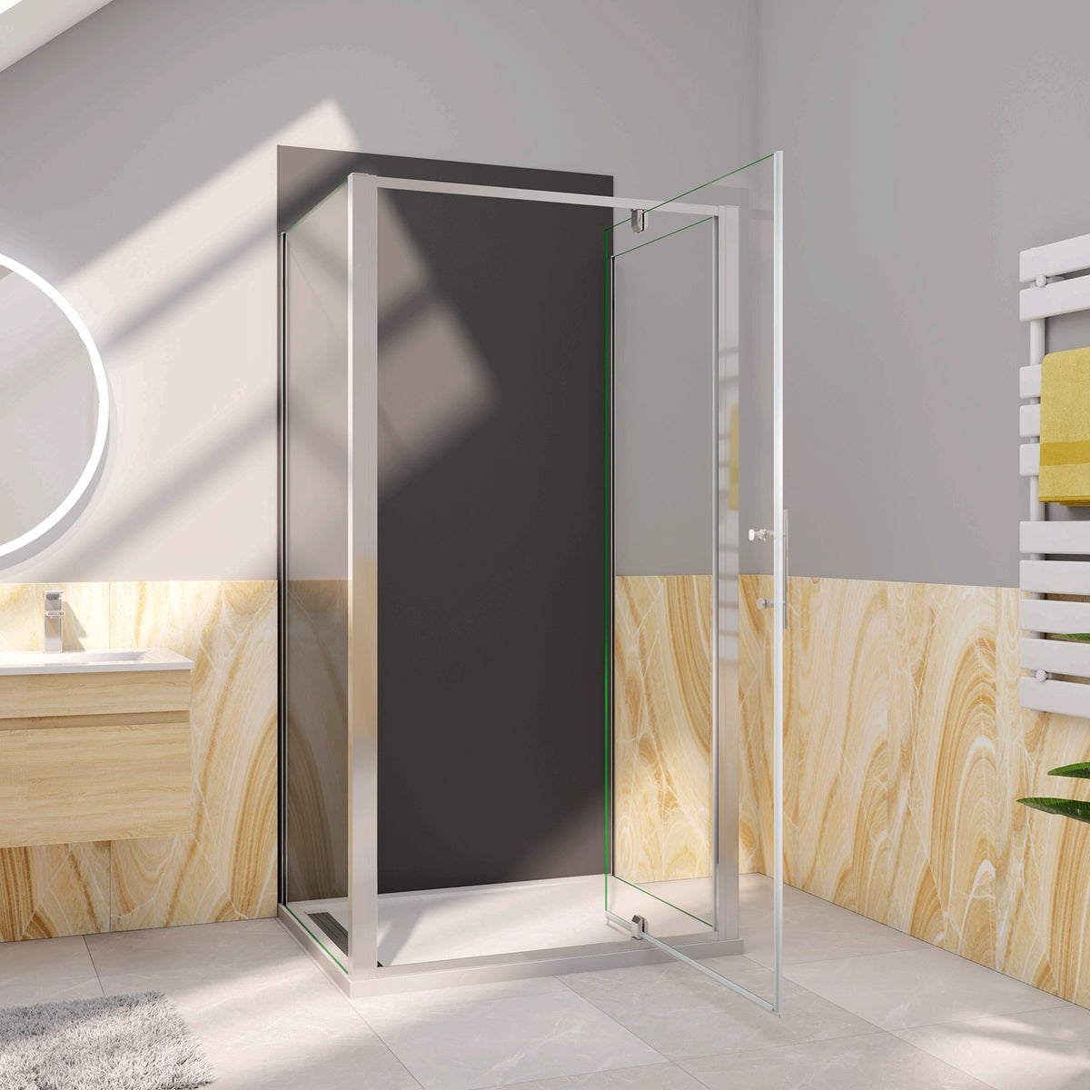 Box Doccia Tre Lati 70-76-80-86-90-100x70-76-80-90x70-76-80-90 cm Alto 185 cm Porta Battente 2 Pareti Laterali in Vetro Temperato 5 mm Cromato
