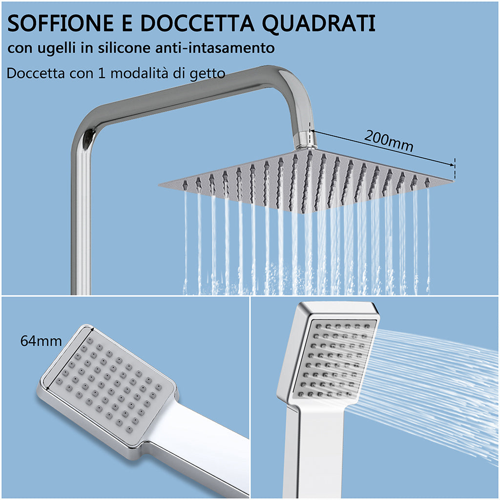 Colonne doccia termostatiche con soffione quadrato 20x20 e doccetta , altezza regolabile 72-120cm