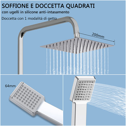 Colonne doccia termostatiche con soffione quadrato 20x20 e doccetta , altezza regolabile 72-120cm
