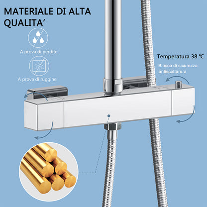 Colonne doccia termostatiche con soffione quadrato 20x20 e doccetta , altezza regolabile 72-120cm