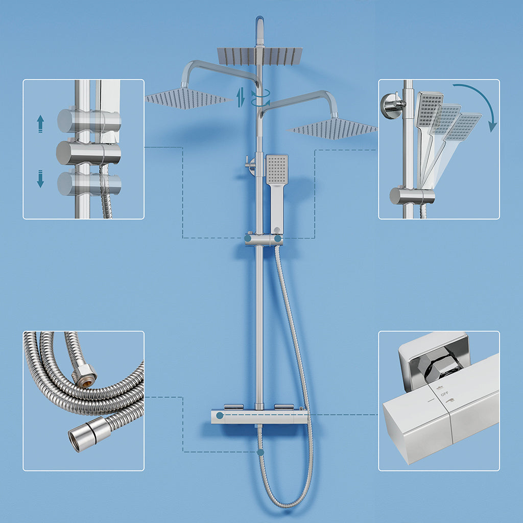 Colonne doccia termostatiche con soffione quadrato 20x20 e doccetta , altezza regolabile 72-120cm