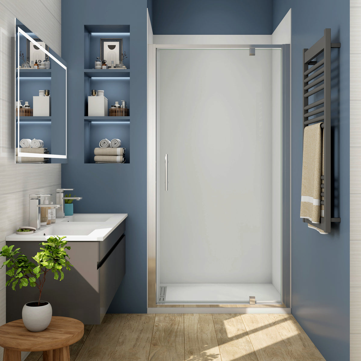 Porta Battente Per Nicchia 70-76-80-86-90-100x185 cm in Vetro Temperato Trasparente da 5mm Ingresso Totale Profilo Cromato