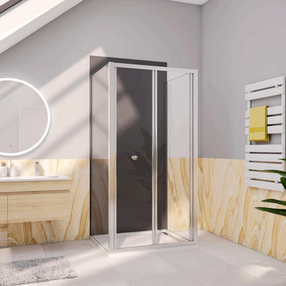 Box Doccia Tre Lati 70-76-80-86-90-100x70-76-80-90x70-76-80-90 cm Alto 185 cm Porta a Soffietto 2 Pareti Laterali in Vetro Temperato 5 mm Cromato