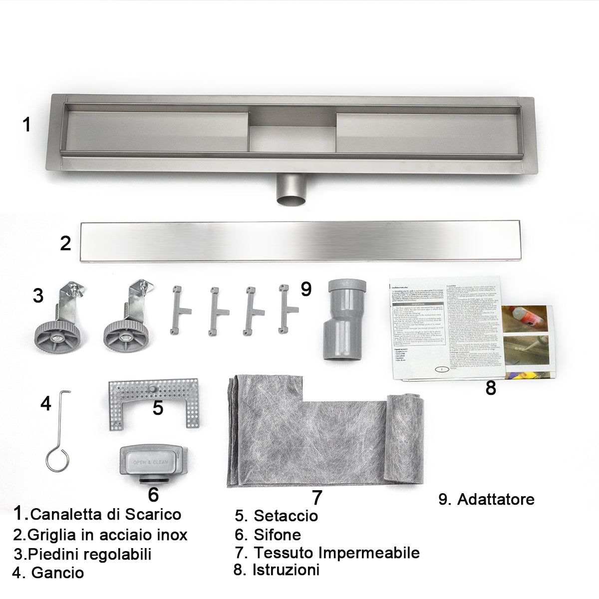 Canaletta per Doccia 2 in 1 Pannello Piastrellabile in Acciaio Inossidabile Scarico a Pavimento per Bagno 40 50 60 70 80 90 100 110 120 130 140 150cm