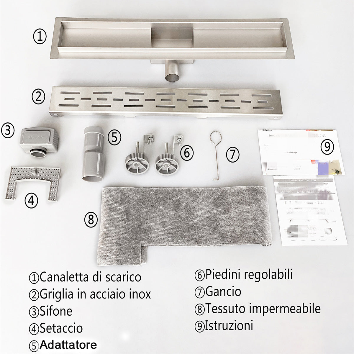 Canalina per doccia - Design cavo, acciaio inox, piastrellabile, scarico a pavimento 50 60 70 80 90 100 110 120 130 140 150 cm