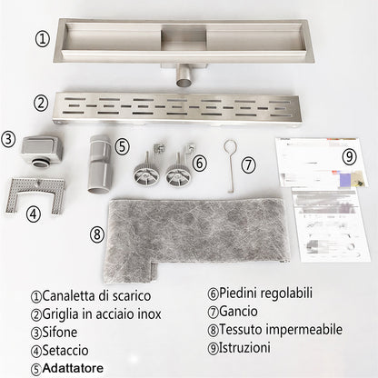 Canalina per doccia - Design cavo, acciaio inox, piastrellabile, scarico a pavimento 50 60 70 80 90 100 110 120 130 140 150 cm