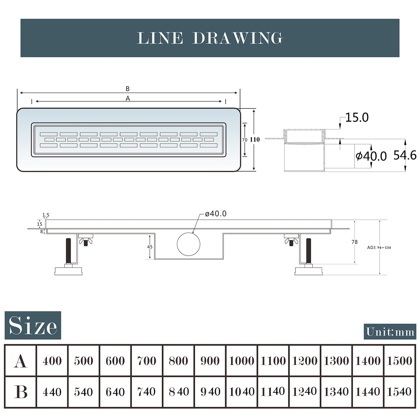 Canalina per doccia - Design cavo, acciaio inox, piastrellabile, scarico a pavimento 50 60 70 80 90 100 110 120 130 140 150 cm