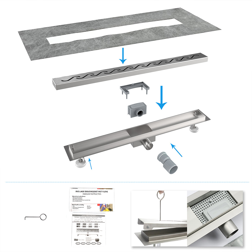 LuxeBath Canaletta Per Doccia 70 Cm 2 In 1 Drenaggio Piastrellabile In Acciaio Inossidabile Canalina Scarico A Pavimento Per Bagno Set Completo Di