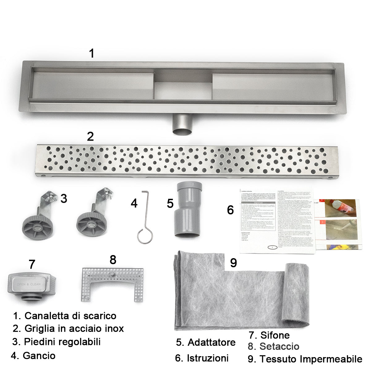 Canaletta per doccia circolare dal design cavo, pannello piastrellabile in acciaio inox, scarico a pavimento per bagno 60 70 80 90 100 cm