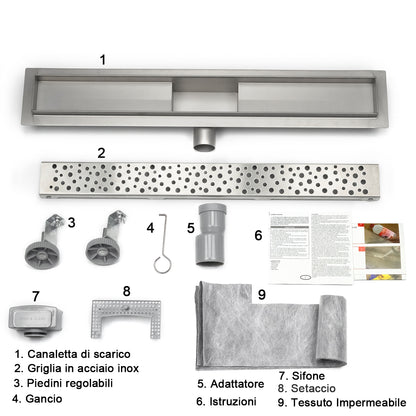 Canaletta per doccia circolare dal design cavo, pannello piastrellabile in acciaio inox, scarico a pavimento per bagno 60 70 80 90 100 cm