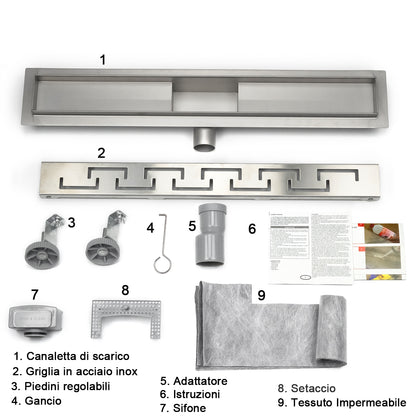 Canaletta doccia a ponte dal design cavo, pannello piastrellabile in acciaio inox, scarico a pavimento per bagno 60 70 80 90 100 cm