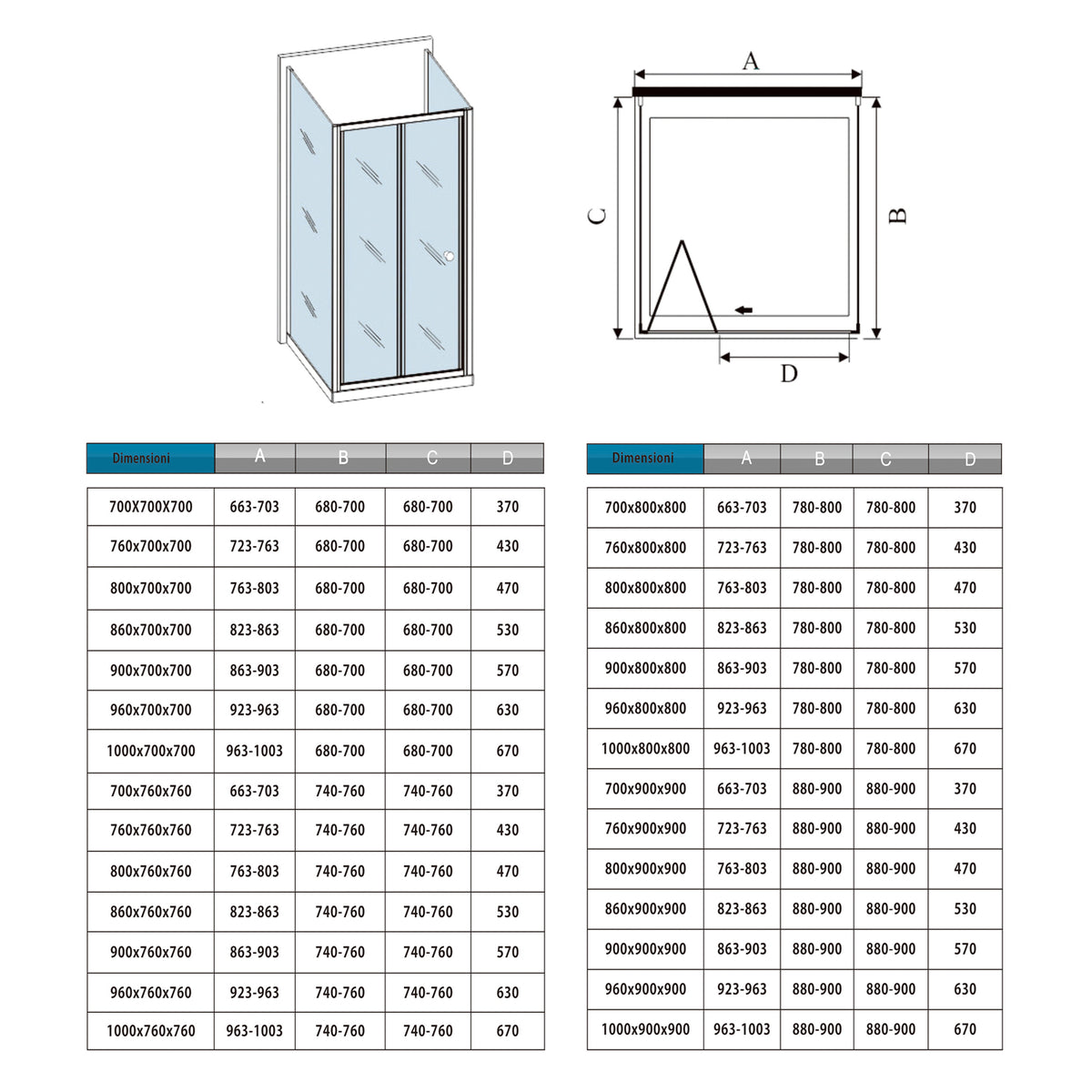 Box Doccia Tre Lati 70-76-80-86-90-100x70-76-80-90x70-76-80-90 cm Alto 185 cm Porta a Soffietto 2 Pareti Laterali in Vetro Temperato 5 mm Cromato