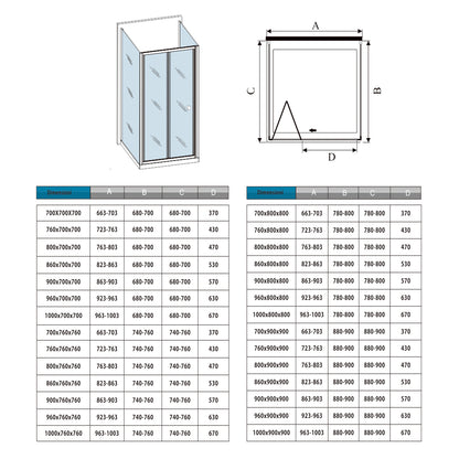 Box Doccia Tre Lati 70-76-80-86-90-100x70-76-80-90x70-76-80-90 cm Alto 185 cm Porta a Soffietto 2 Pareti Laterali in Vetro Temperato 5 mm Cromato