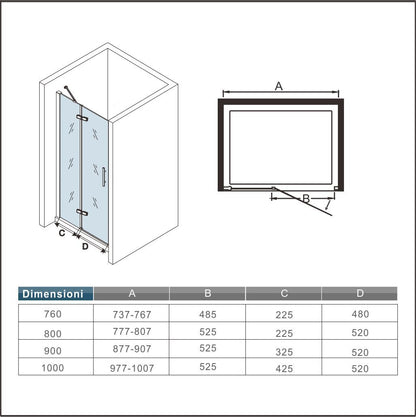 195cm Porta Doccia in Vetro da 6 mm Anticalcare Anta a Battente più Anta Fissa con Barra Stabilizzatrice da 30 cm