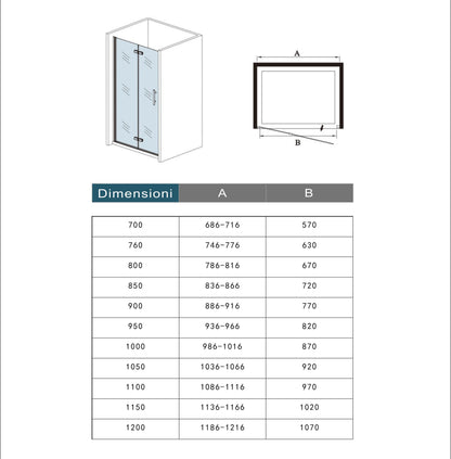 Ocean Box Doccia Per Nicchia Porta Pieghevole/Battente 195cm Due Ante in Vetro Temperato Trasparente Anticalcare Da 6mm Multiple Dimensioni