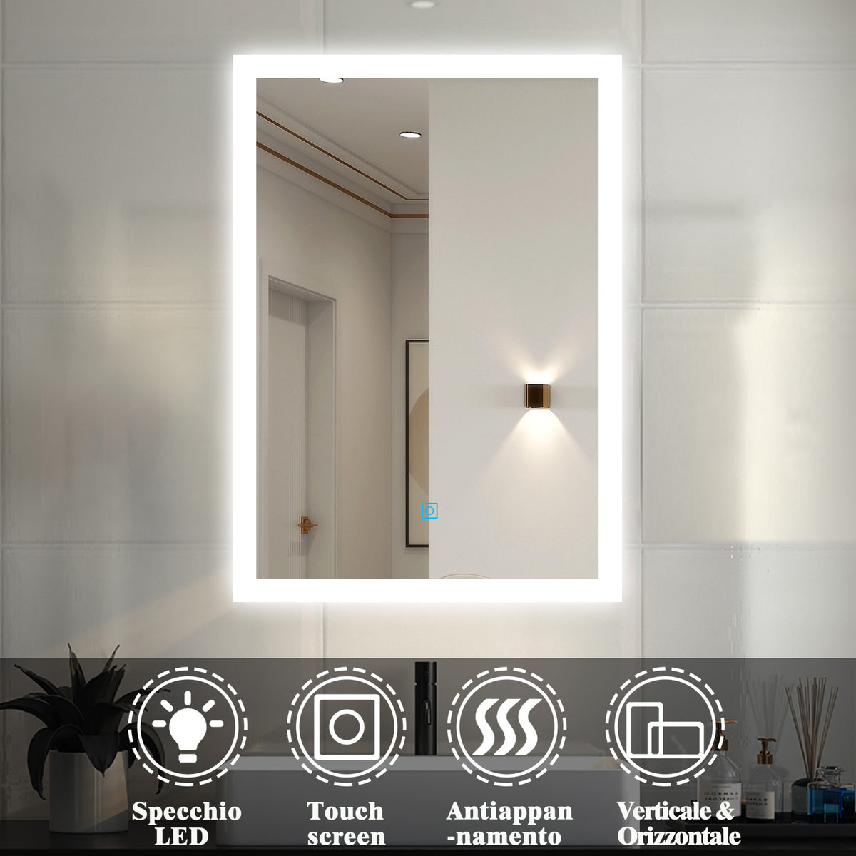 Specchio da bagno con luce LED, con illuminazione bianca fredda, IP44, a risparmio energetico 70×50cm
