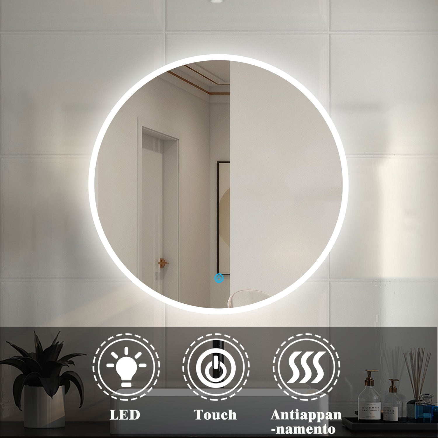 OCEAN Specchio LED Bagno Rotondo 60/70/80/90/100/120cm Anti-appannamento, Bianco Freddo 6000k / Tre luci 3000k-6000k, Retroilluminato Cerchio di luce sottile sul bordo 90x 90 cm