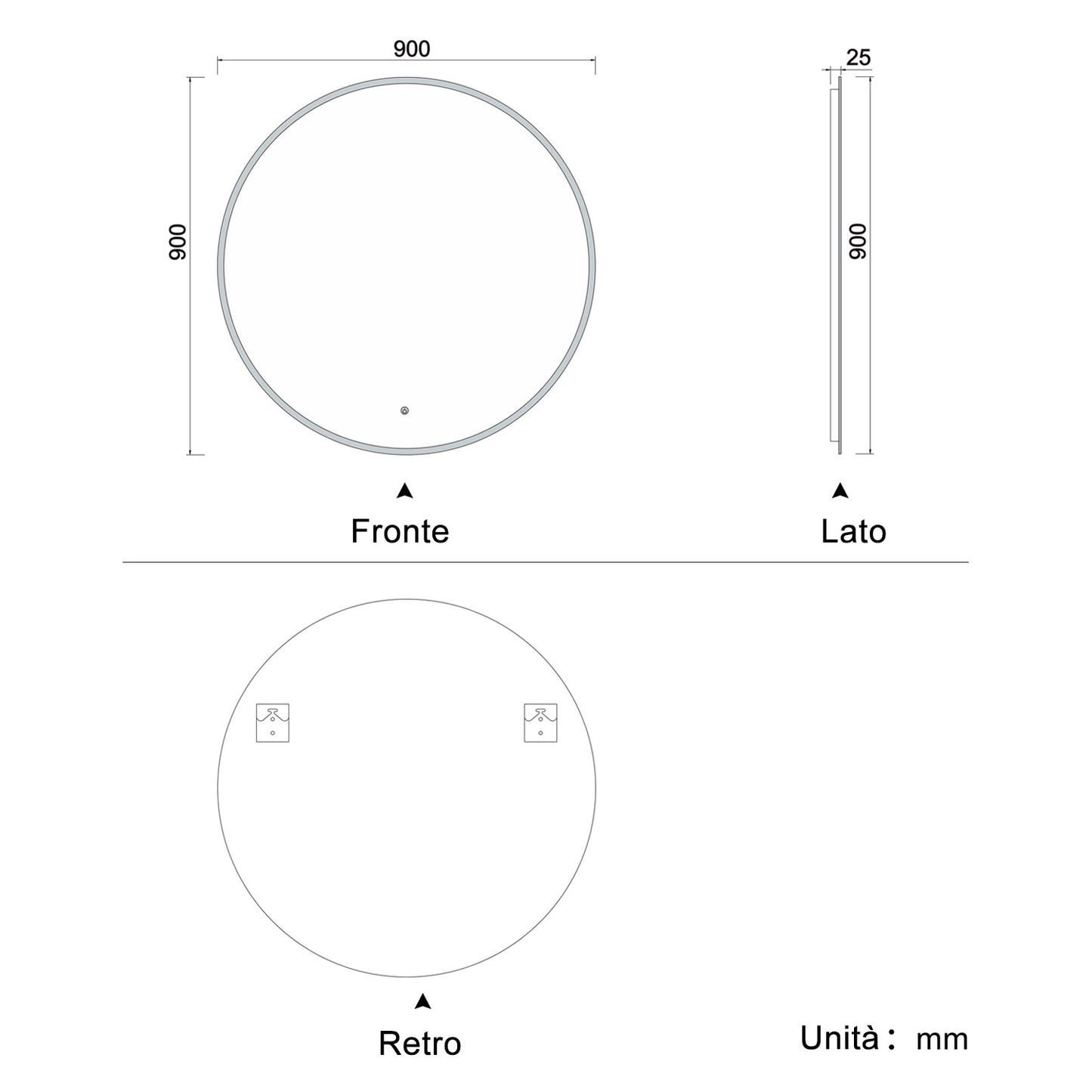 Specchio LED Rotondo, Funzione Antiappannamento, Luce Bianca 6000K, Impermeabile IP44, retroilluminato