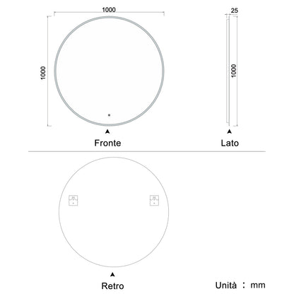 Specchio LED Rotondo, Funzione Antiappannamento, Luce Bianca 6000K, Impermeabile IP44, retroilluminato