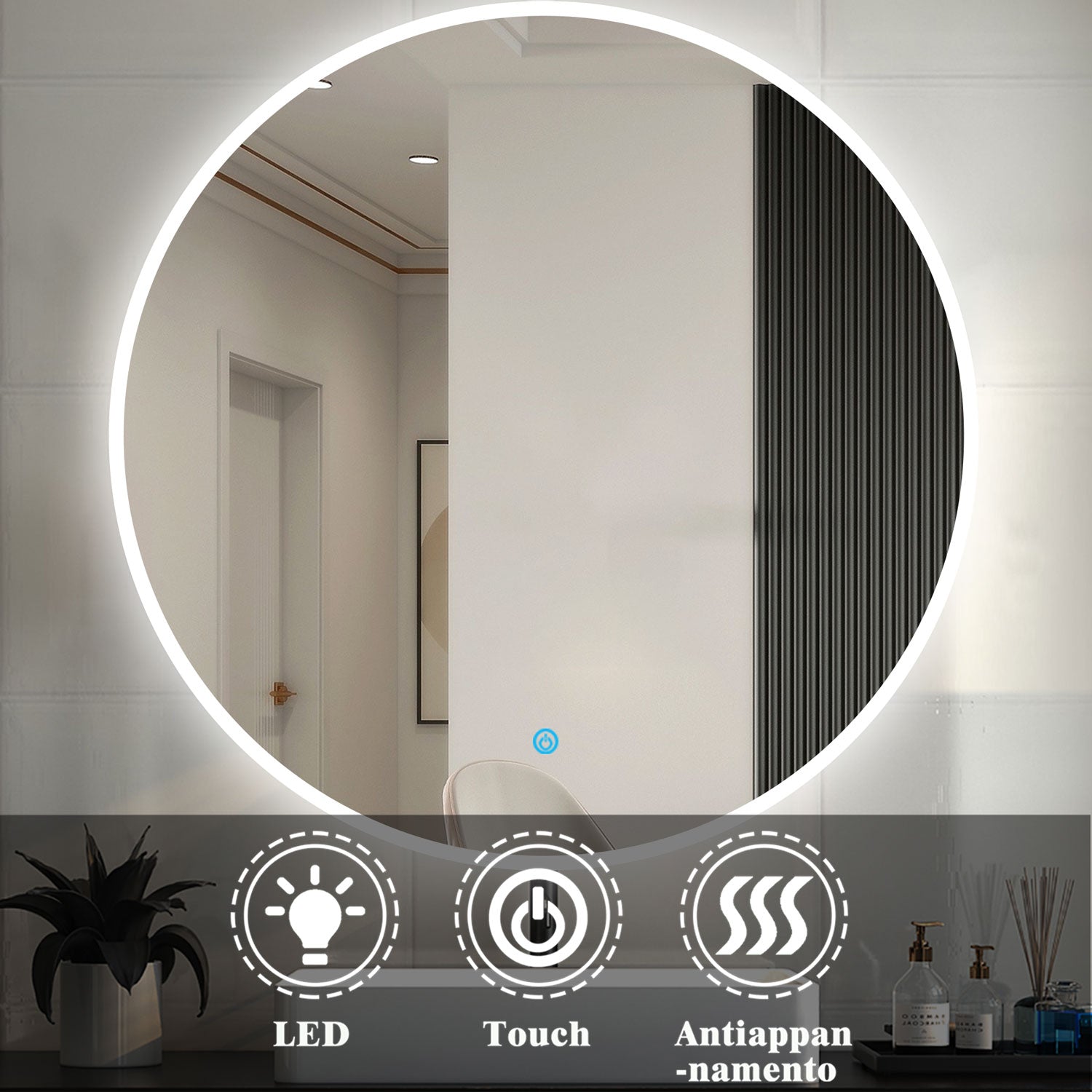 OCEAN Specchio LED Bagno Rotondo 60/70/80/90/100/120cm Anti-appannamento, Bianco Freddo 6000k / Tre luci 3000k-6000k, Retroilluminato Cerchio di luce sottile sul bordo 120x 120 cm