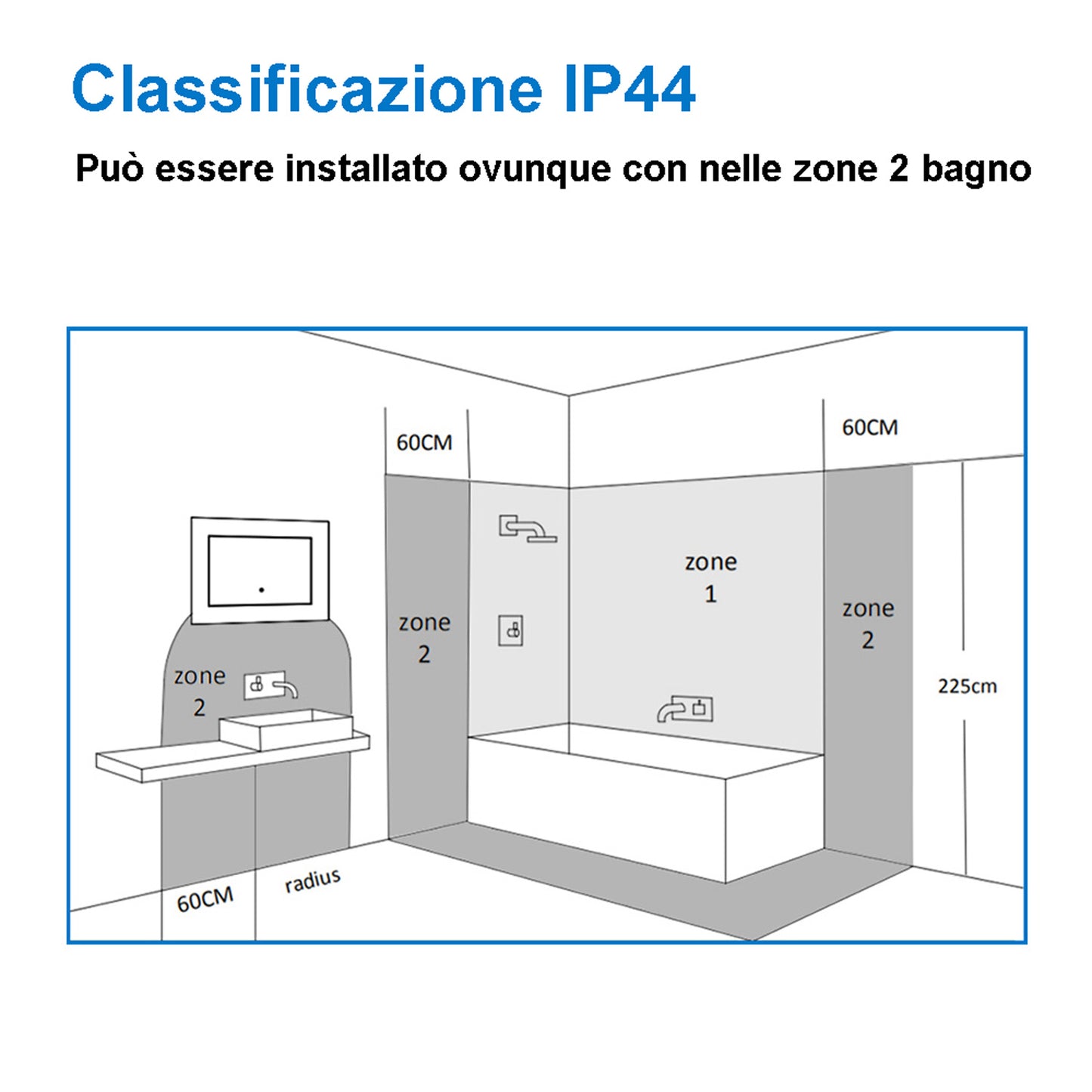 Specchio LED quadrato 50x70 cm, comando singolo, IP44.