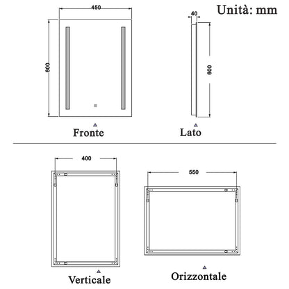 Ocean Specchio da Bagno Quadrato Con LED, Antiappannamento, Luce Bianca Fredda 6000K, Interruttore di Comando Singolo Intelligente, IP44, Certificazione CE