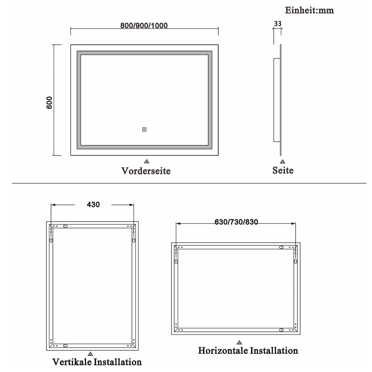 Specchio quadrato 80x60 cm per bagno, antiappannamento, luce bianca 6000K, IP44.