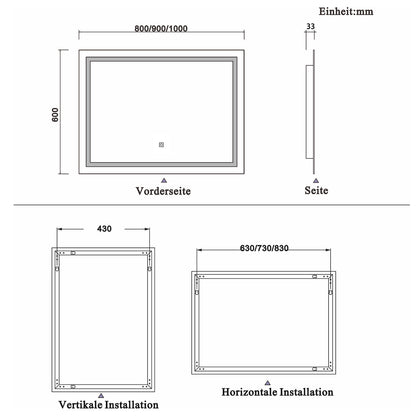 Specchio quadrato 80x60 cm per bagno, antiappannamento, luce bianca 6000K, IP44.