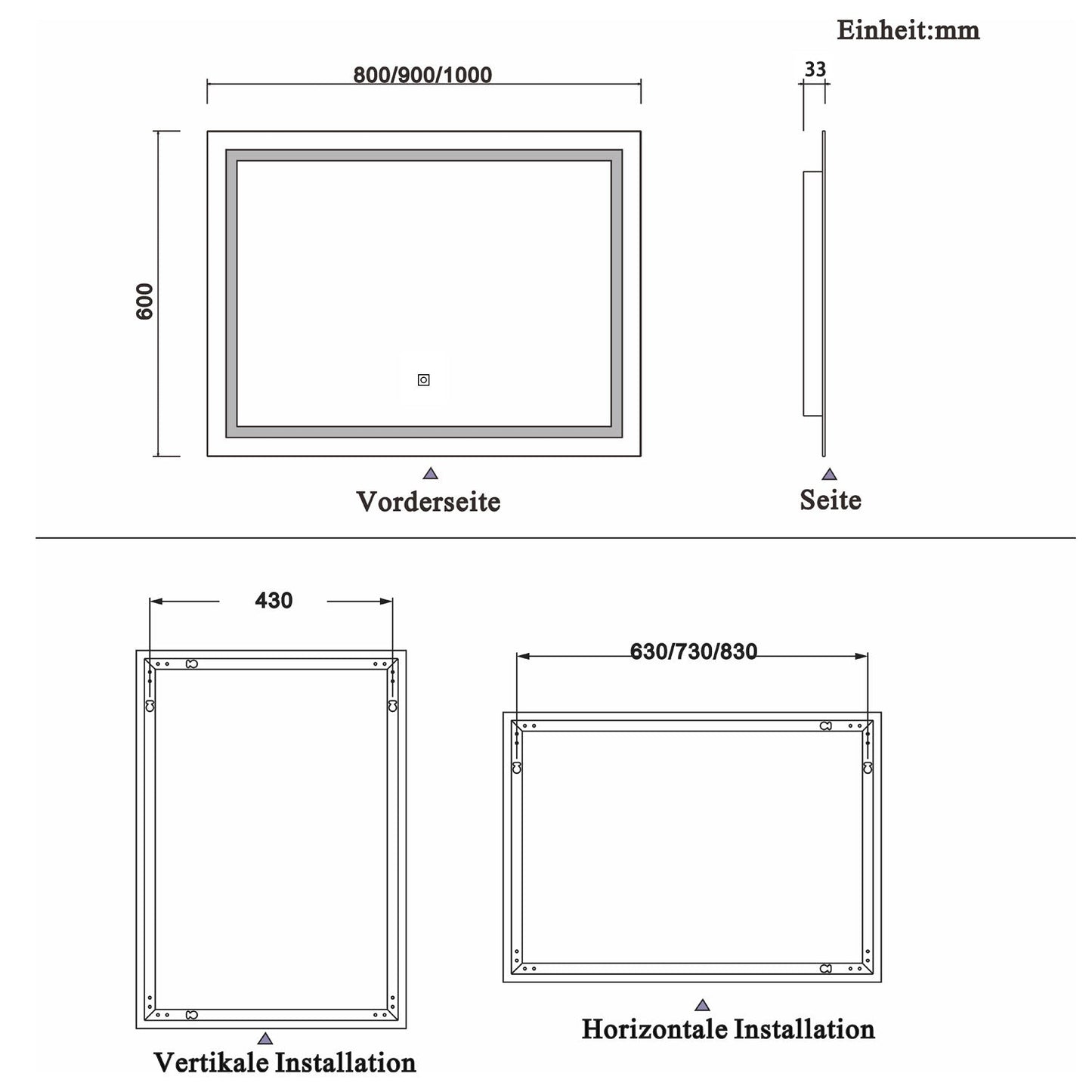 Ocean 80 × 60cm Specchio Quadrato per Bagno Specchio Cosmetico, Anti-appannamento, Luce Bianca Fredda Morbida 6000K, IP44