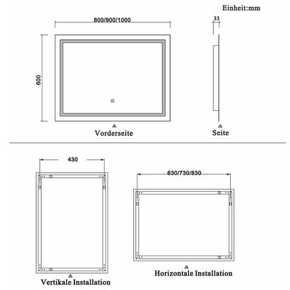 Ocean 80 × 60cm Specchio Quadrato per Bagno Specchio Cosmetico, Anti-appannamento, Luce Bianca Fredda Morbida 6000K, IP44