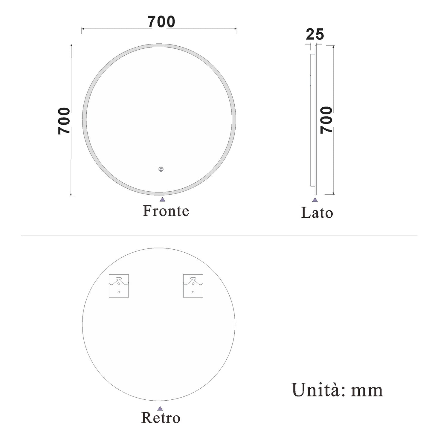 Specchio LED Rotondo, Funzione Antiappannamento, Luce Bianca 6000K, Impermeabile IP44, retroilluminato