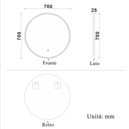 Specchio LED Rotondo, Funzione Antiappannamento, Luce Bianca 6000K, Impermeabile IP44, retroilluminato