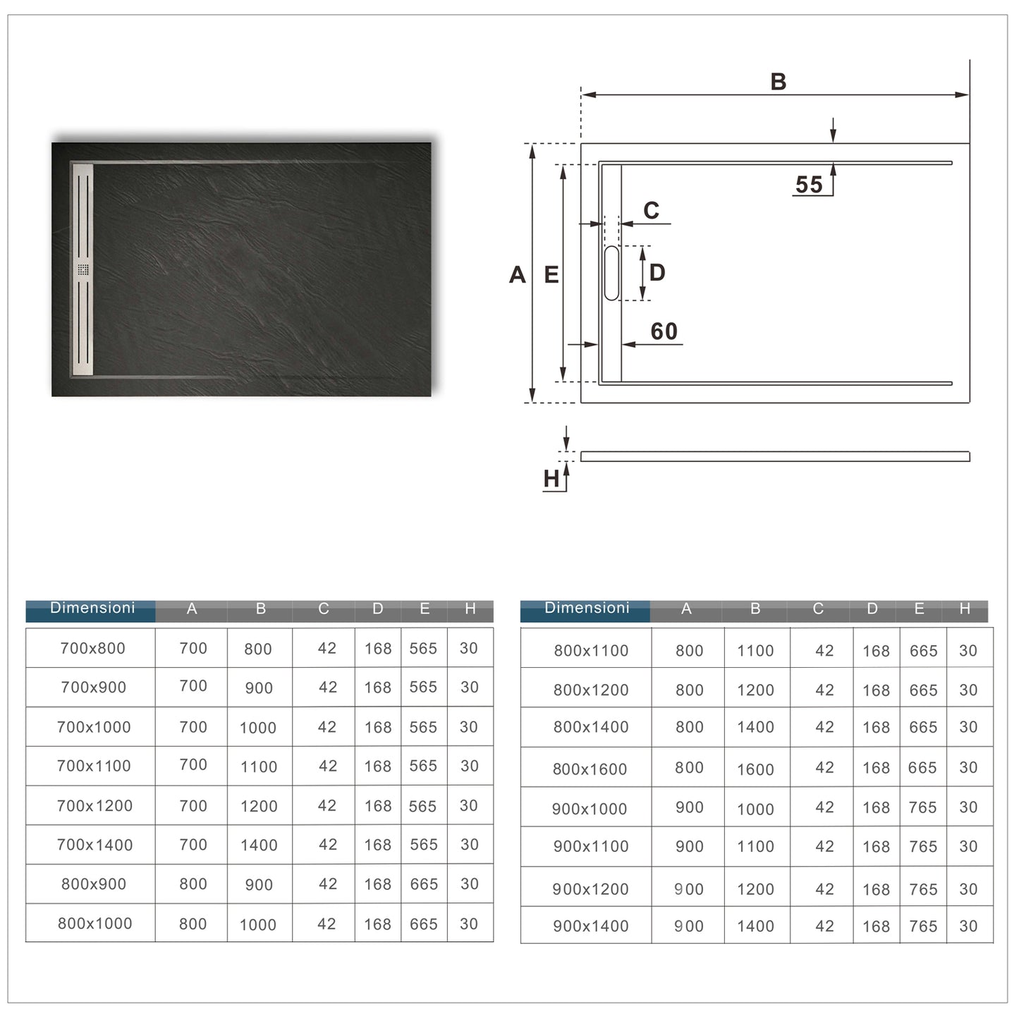 Piatto Doccia Rettangolare / Quadrato Spessore di 3cm in Pietra Vulcanica e Resina Mista finitura Pietra Nera Ruvida Antiscivolo Dimensioni Multiple
